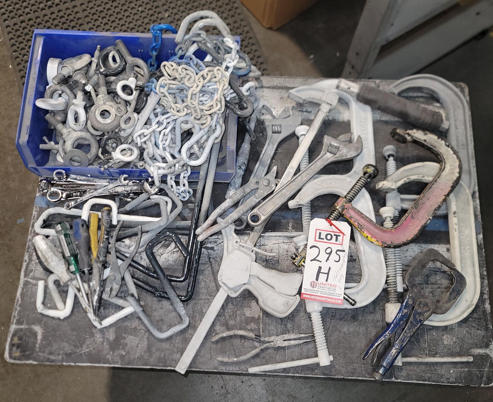 LOT - PAINTING HANGERS, C-CLAMPS, HAND TOOLS AND CHAIN USED IN THE SPRAY BOOTH