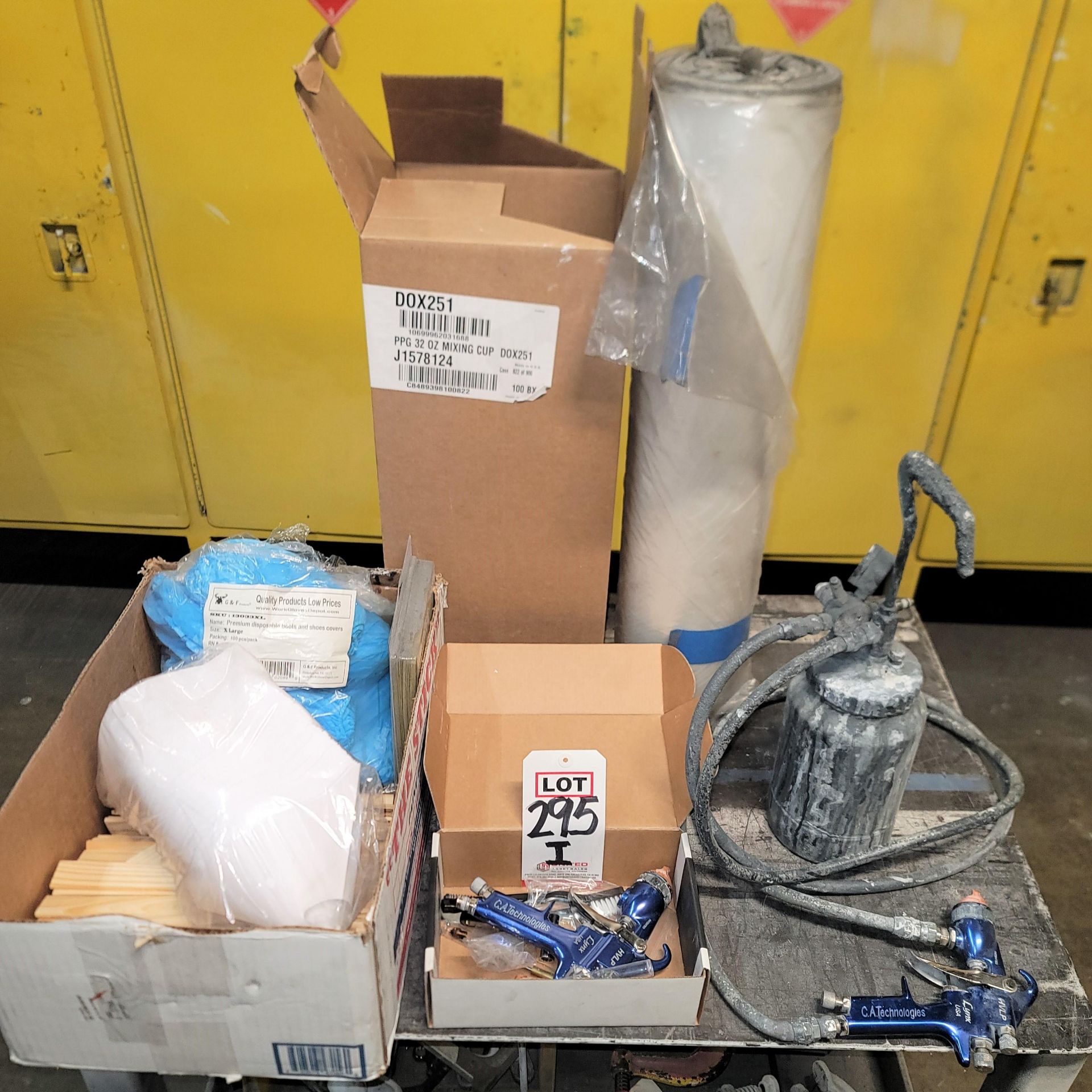 LOT - (2) CAT LYNX HVLP SPRAY GUNS, PRESSURE POT, DISPOSABLE MIXING CUPS, PAPER FILTERS, SHOE