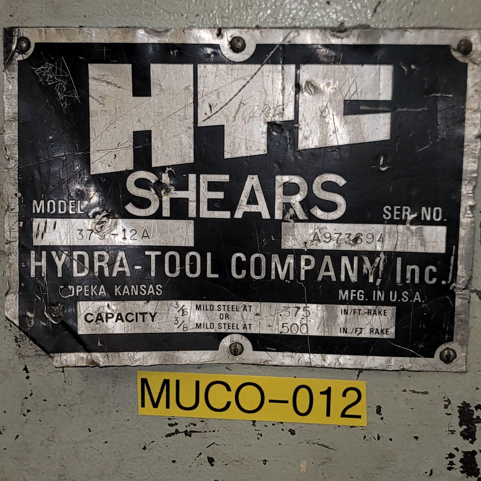 HTC 12' HYDRAULIC SHEAR, MODEL 375-12A, CAPACITY: 3/8" MILD STEEL, 8' SQUARING ARM, S/N A973694, - Image 11 of 12