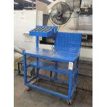 STEEL CART W/ PLASTIC BIN HANGERS & CNC TOOL HOLDERS, 4' X 2' X 40" TOP HT, W/ 18" MAXX AIR FAN