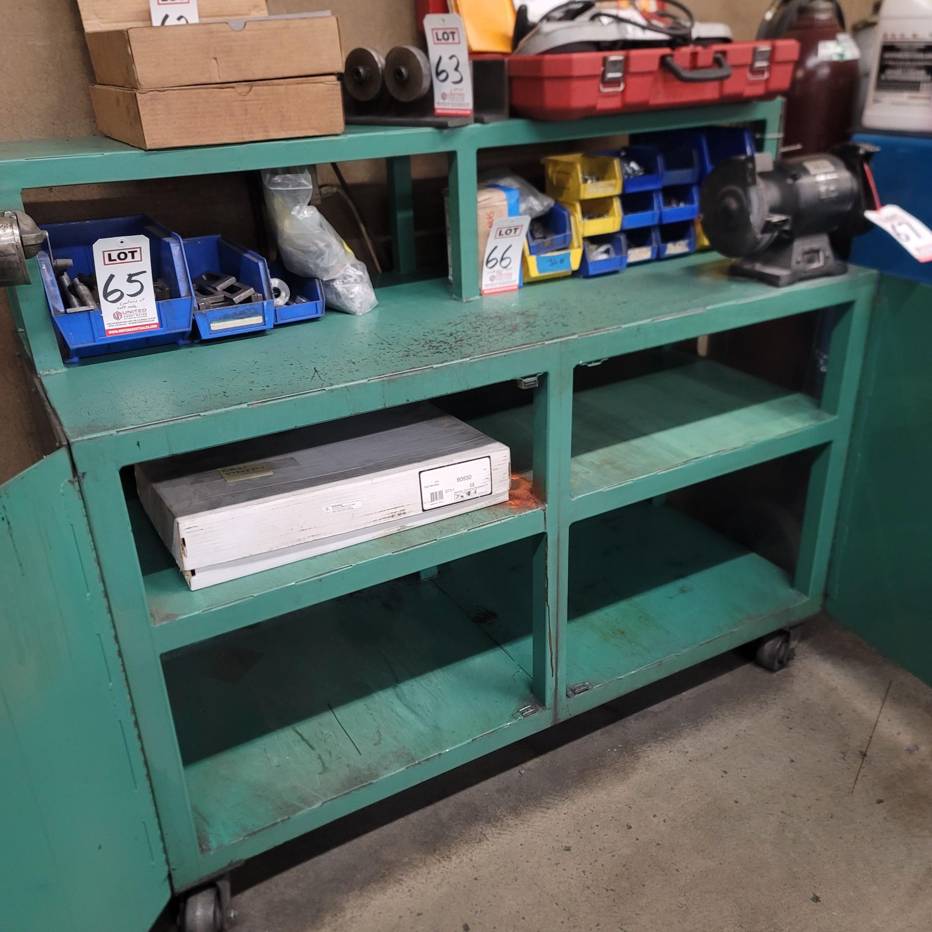 STEEL CABINET WORKTOP W/ BACK SHELF, 5' X 2', ON CASTERS, CONTENTS NOT INCLUDED - Image 2 of 2