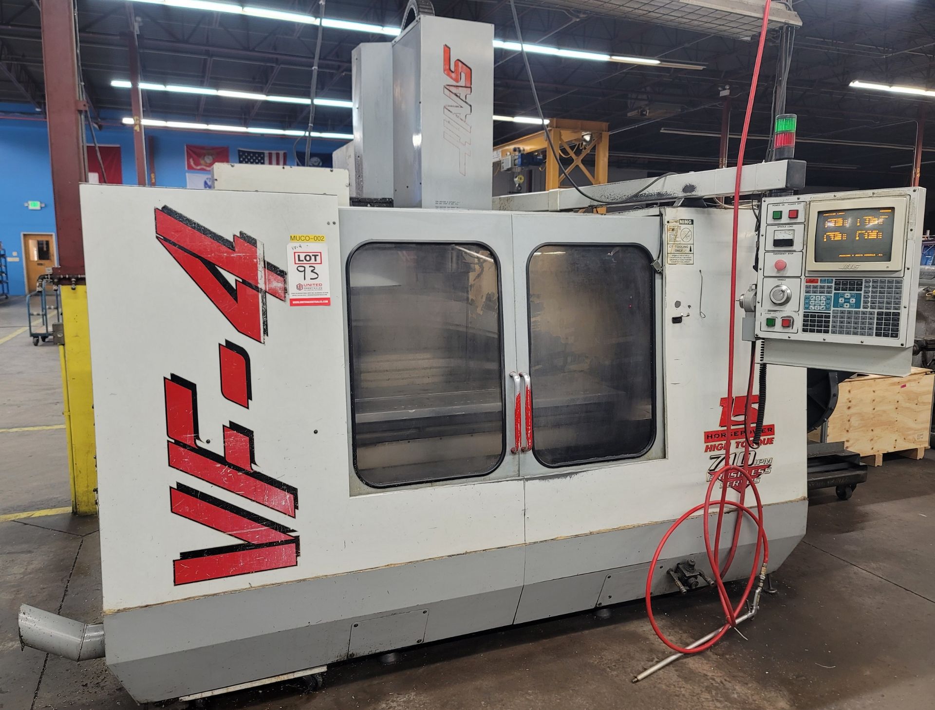 1996 HAAS VF-4 VERTICAL MACHINING CENTER, XYZ TRAVELS: 50" X 20" X 25", TABLE 52" X 18", 7500 RPM,