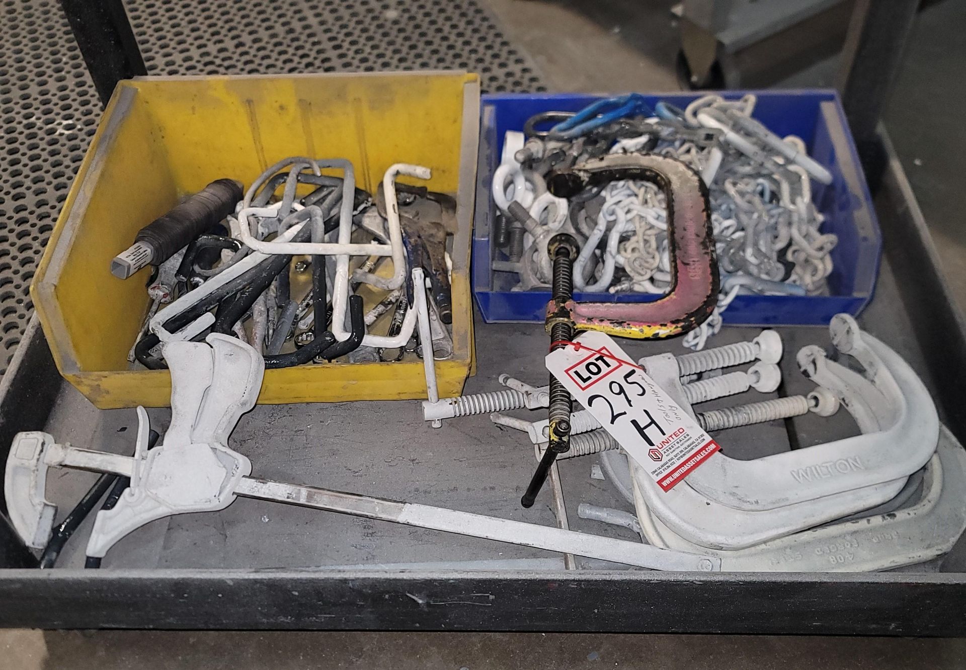 LOT - PAINTING HANGERS, C-CLAMPS, HAND TOOLS AND CHAIN USED IN THE SPRAY BOOTH - Image 2 of 2