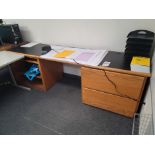 OAK DESK W/ (3) PULL-OUTS & (2) DRAWERS, 8' X 25", CONTENTS NOT INCLUDED