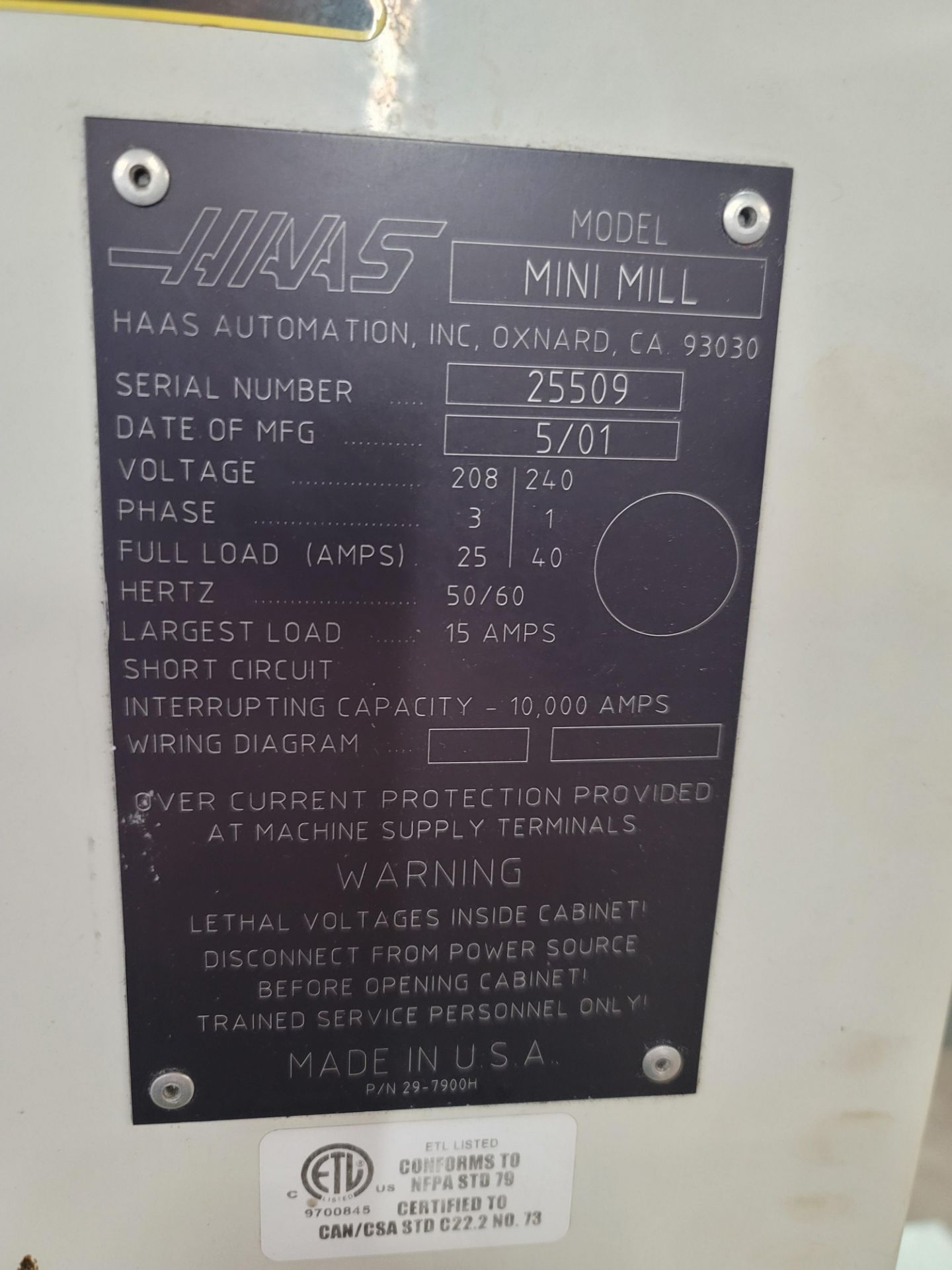 2001 HAAS MINI MILL VERTICAL MACHINING CENTER, XYZ TRAVELS: 16" X 12" X 10", 28" X 12" TABLE, 10- - Image 11 of 11