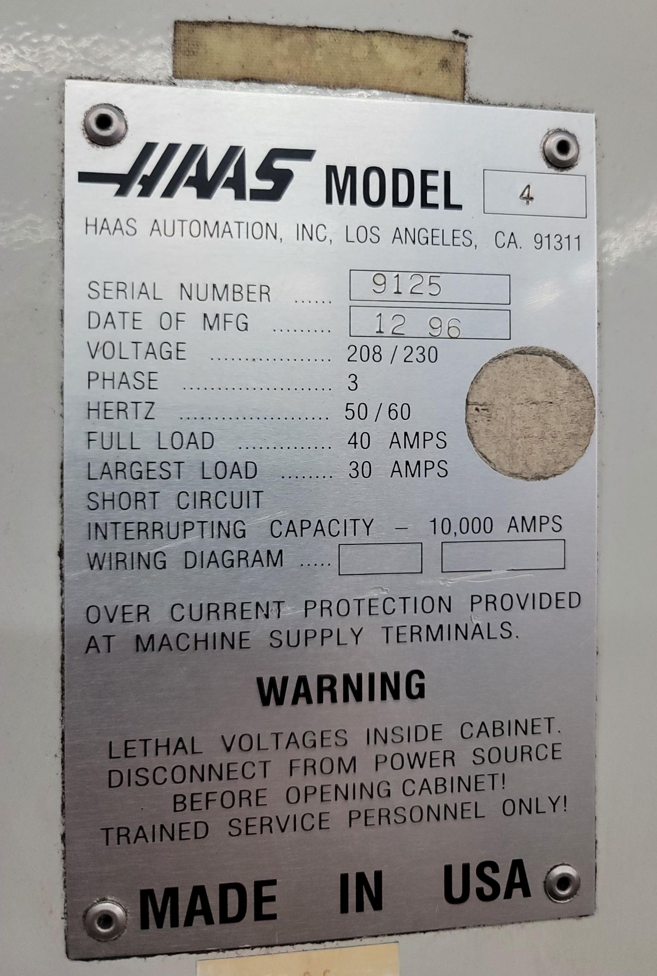 1996 HAAS VF-4 VERTICAL MACHINING CENTER, XYZ TRAVELS: 50" X 20" X 25", TABLE 52" X 18", 7500 RPM, - Image 12 of 12