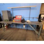 STEEL WORKBENCH, 10' X 32" X 38-1/2", COMES W/ CRAFTSMAN 1/2 HP DRILL PRESS ATTACHED TO TABLE;