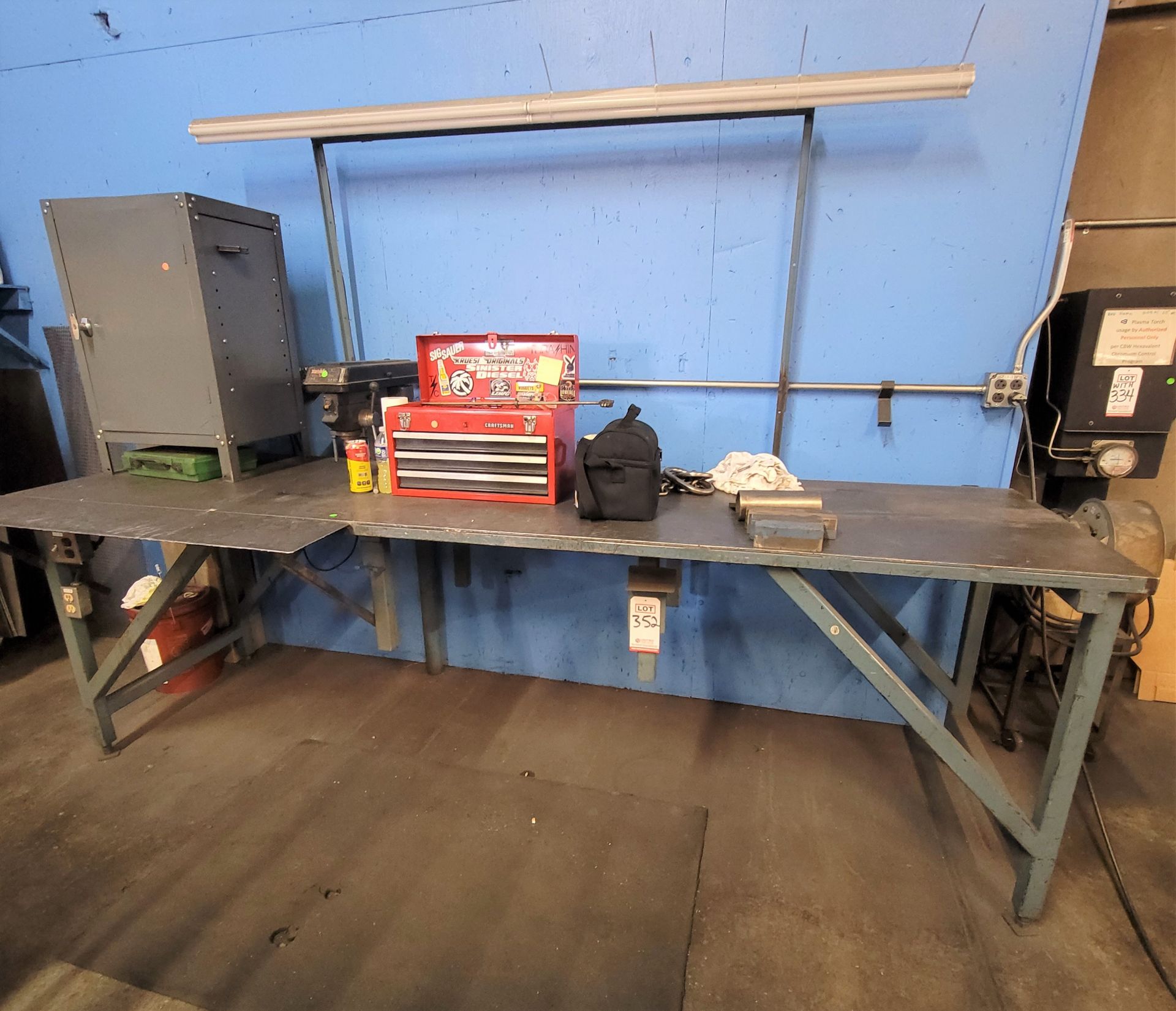 STEEL WORKBENCH, 10' X 32" X 38-1/2", COMES W/ CRAFTSMAN 1/2 HP DRILL PRESS ATTACHED TO TABLE;