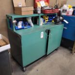 STEEL CABINET WORKTOP W/ BACK SHELF, 5' X 2', ON CASTERS, CONTENTS NOT INCLUDED