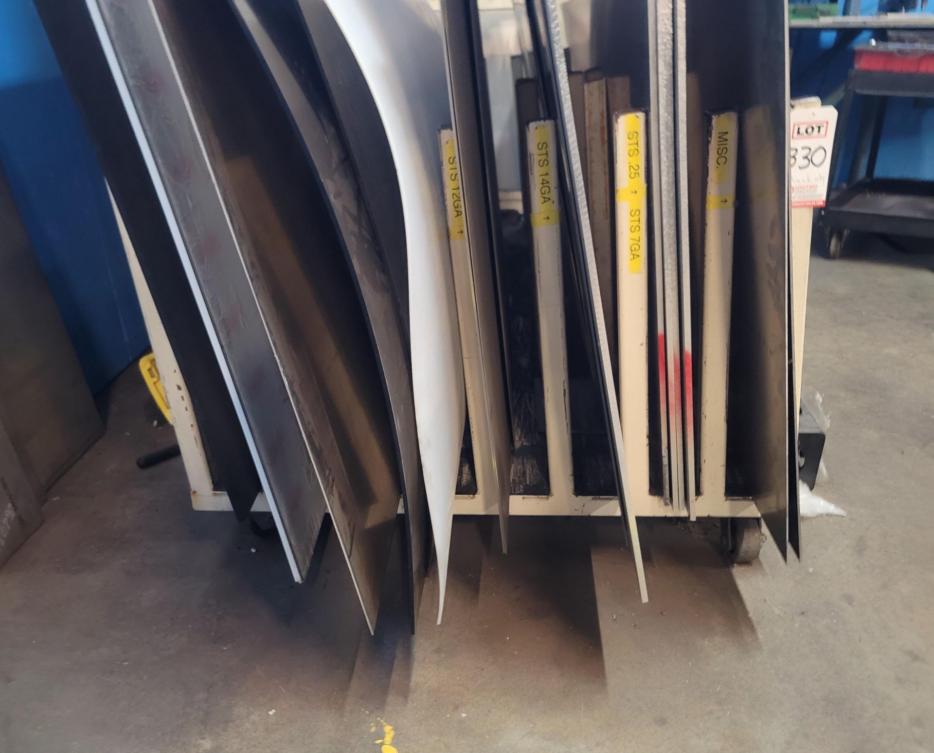 VERTICAL SHEET STOCK CART, 8' X 50" X 38" HT, CONTENTS NOT INCLUDED, (DELAYED PICKUP UNTIL TUESDAY,