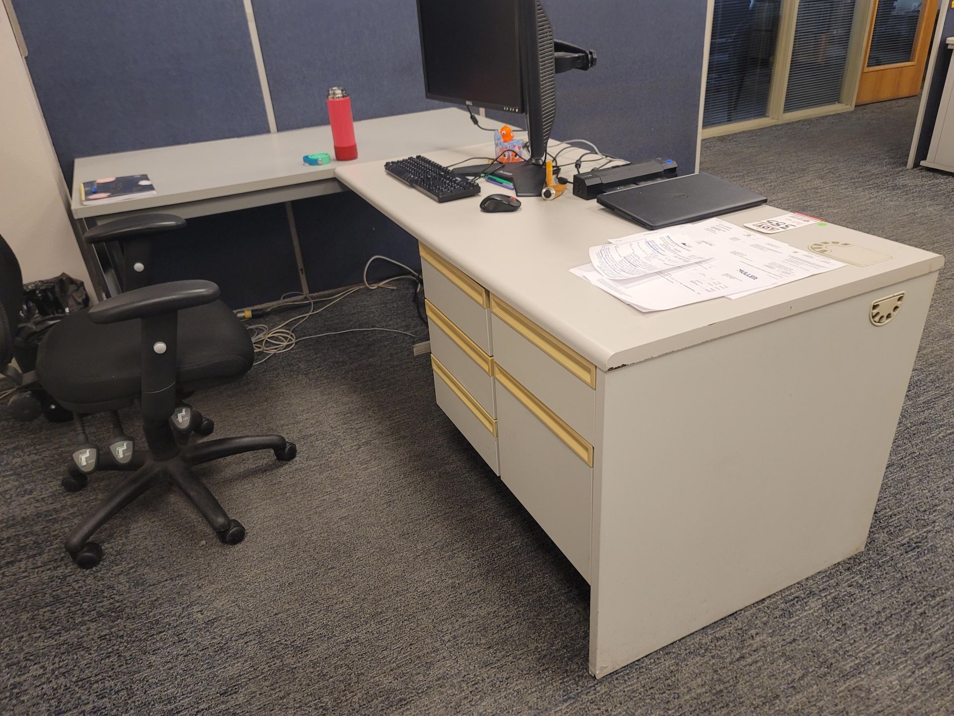 OFFICE DESK, L-SHAPED, 7'6" X 5', CONTENTS NOT INCLUDED