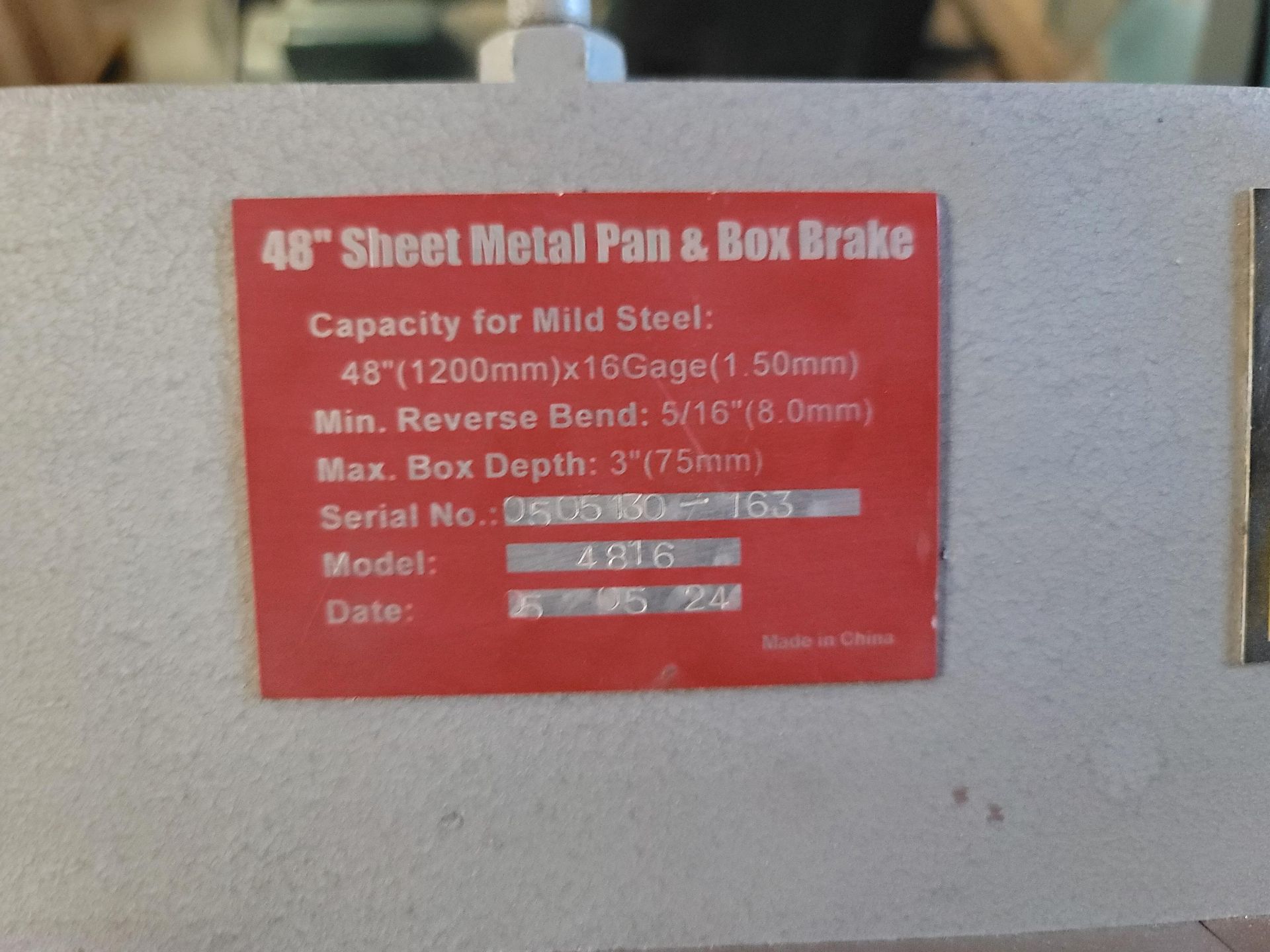 MHC 48" PAN & BOX BRAKE, MODEL 4816, 16 GA MILD STEEL CAPACITY, S/N 0505130-163 - Image 3 of 3