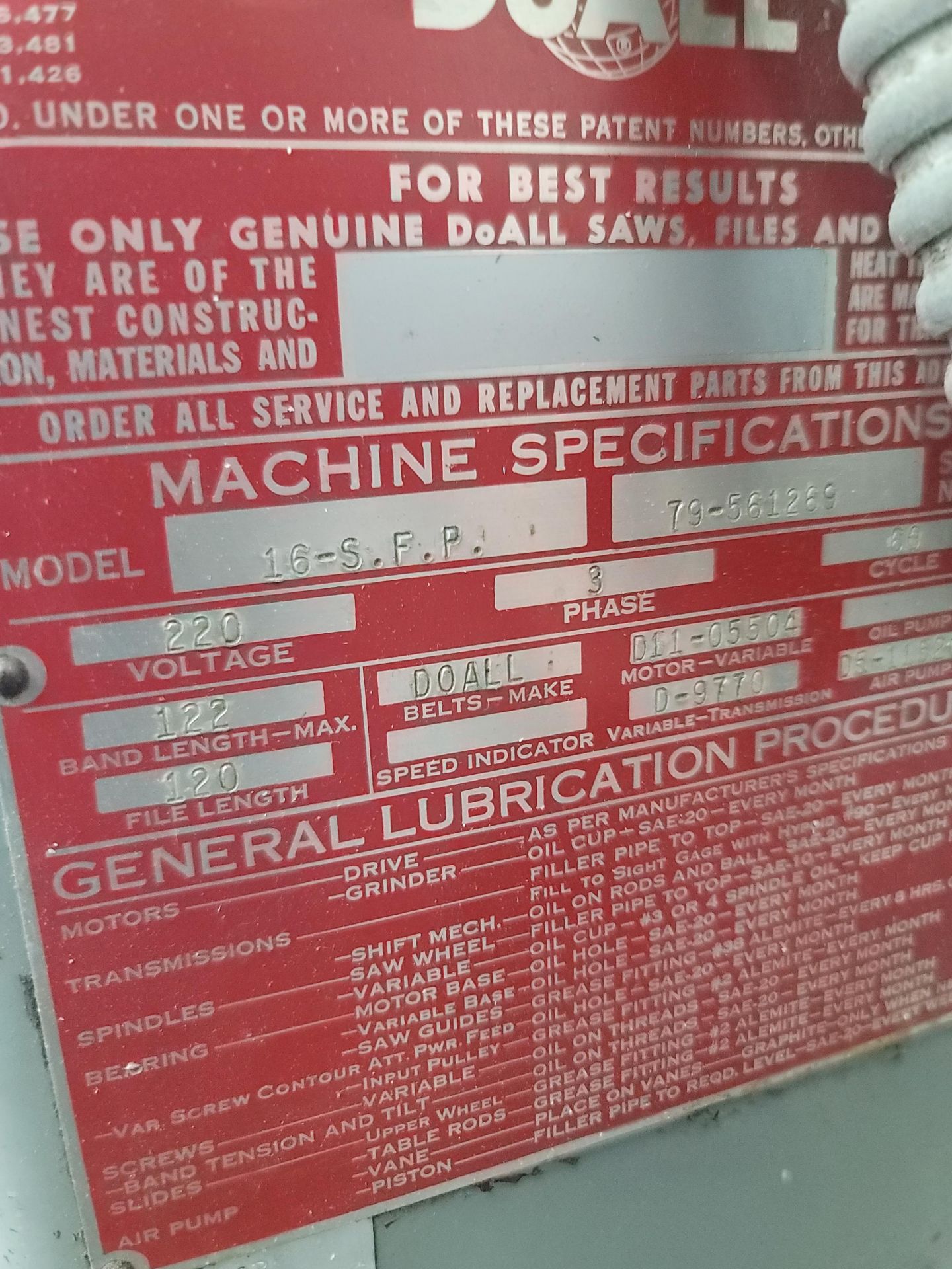 DOALL CONTOUR MACHINE/VERTICAL BAND SAW, MODEL 16-SFP, S/N 79-561269 - Image 4 of 4