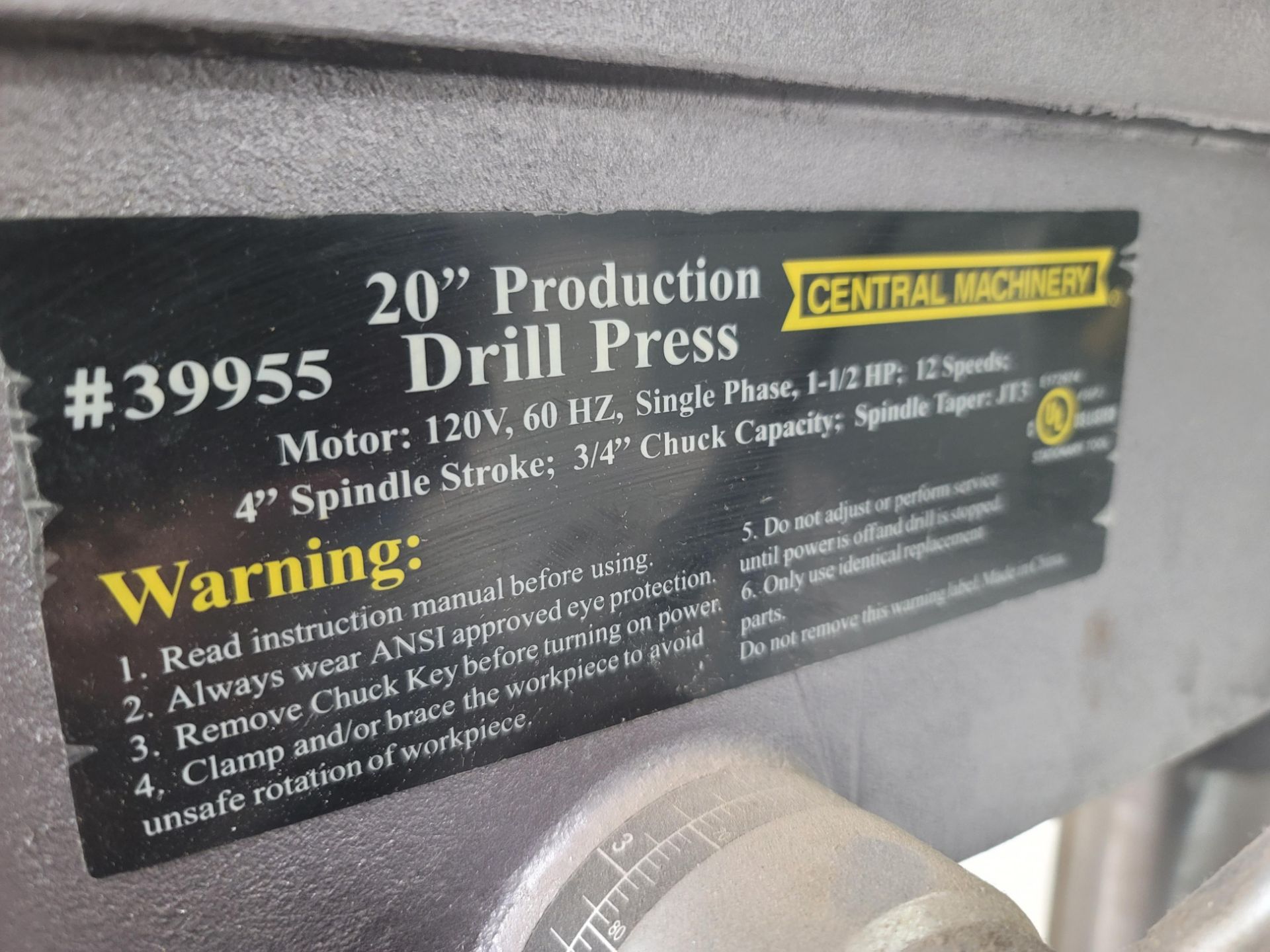 CENTRAL MACHINERY 20" PRODUCTION DRILL PRESS, MODEL 39955, 1-1/2 HP, SINGLE PHASE, JACOBS 1/2" - Image 3 of 3