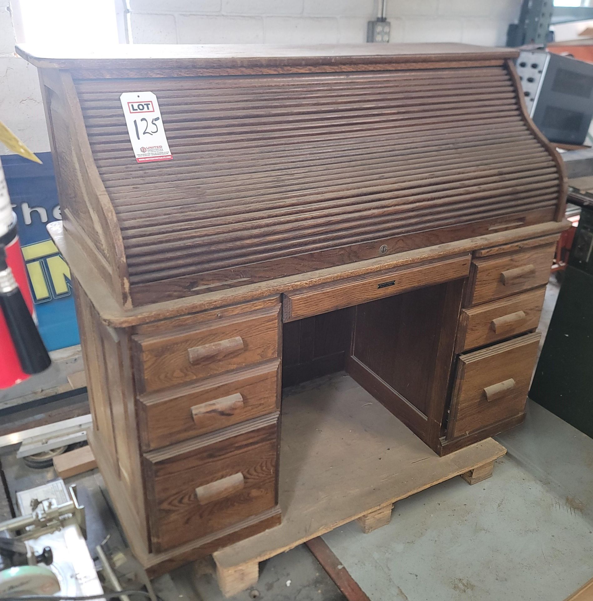 OAK ROLL-TOP DESK, 56" X 26", BY THE BARN FURNITURE, VAN NUYS