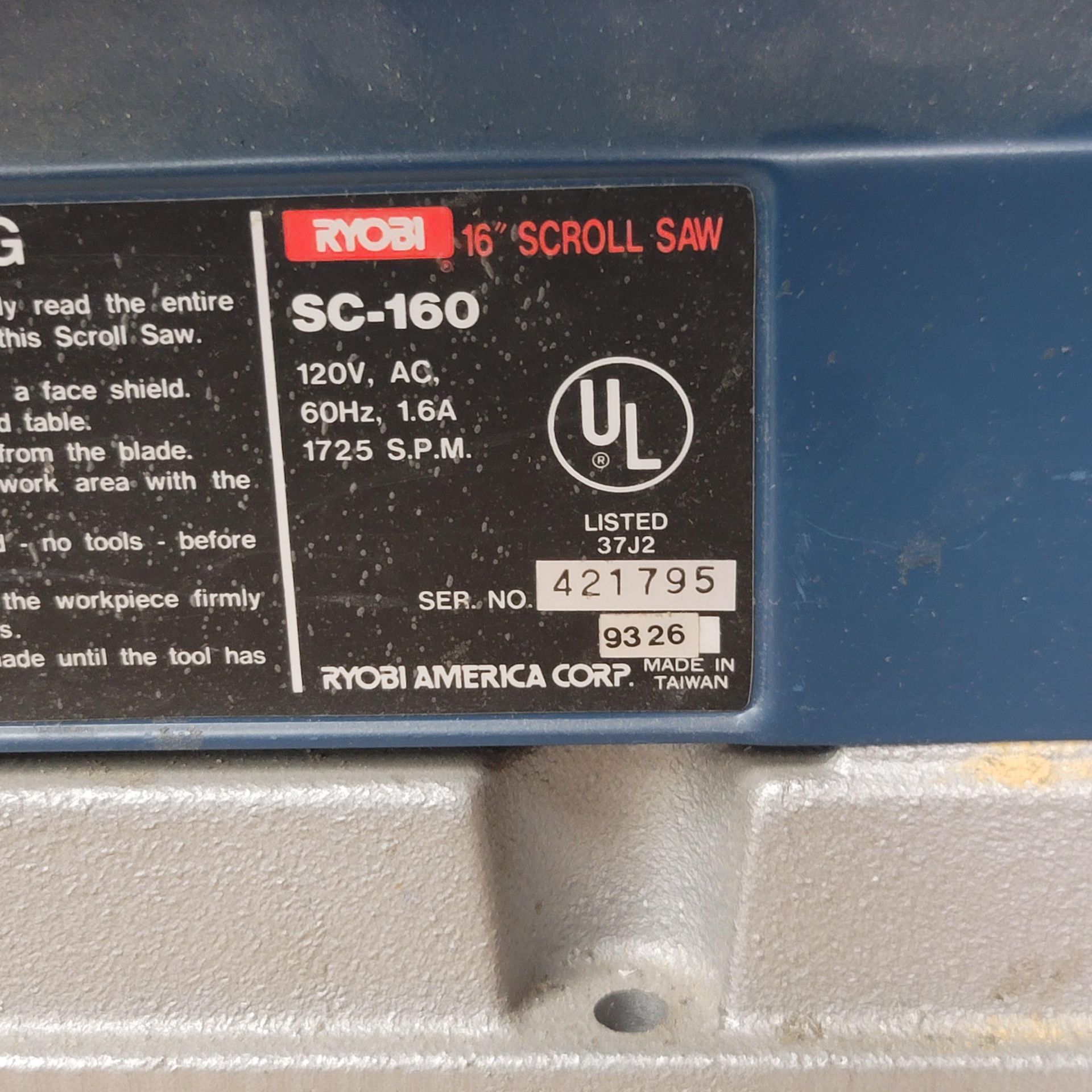 RYOBI 16" BENCHTOP SCROLL SAW, MODEL SC-160, S/N 421795 - Image 3 of 3