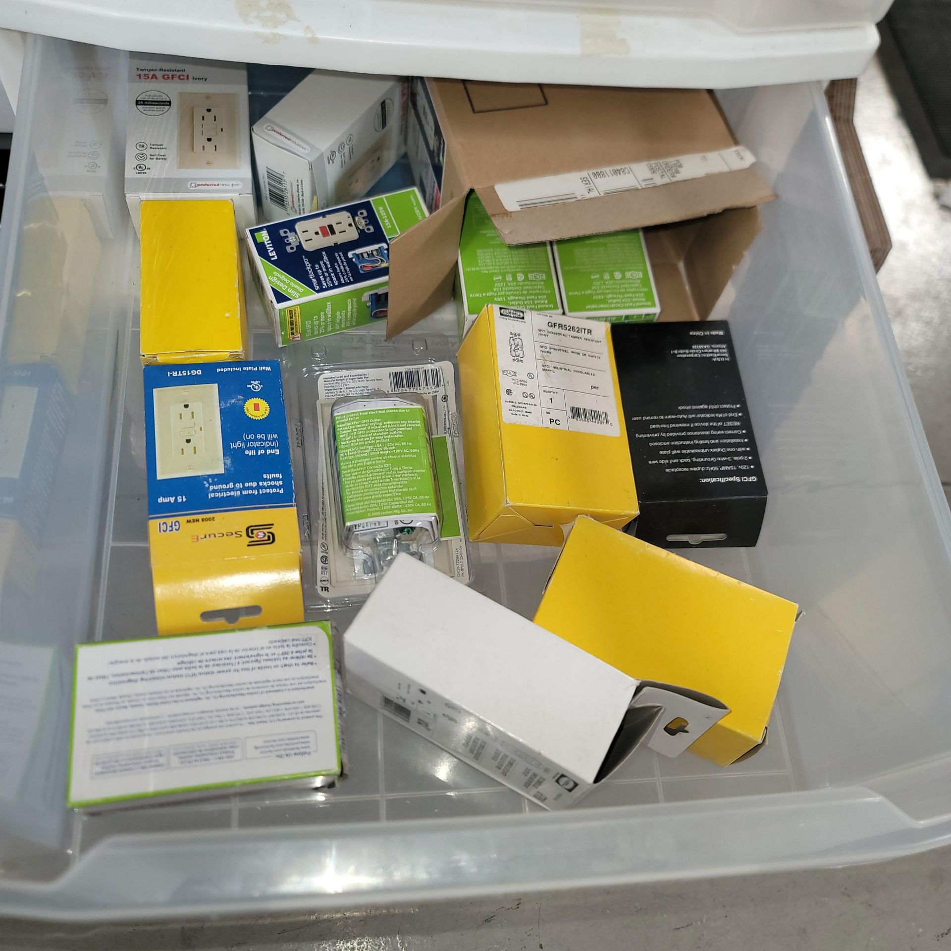 LOT - PORTABLE PLASTIC 4-DRAWER STORAGE CART, W/ CONTENTS OF GCFI RECEPTACLES - Image 3 of 6