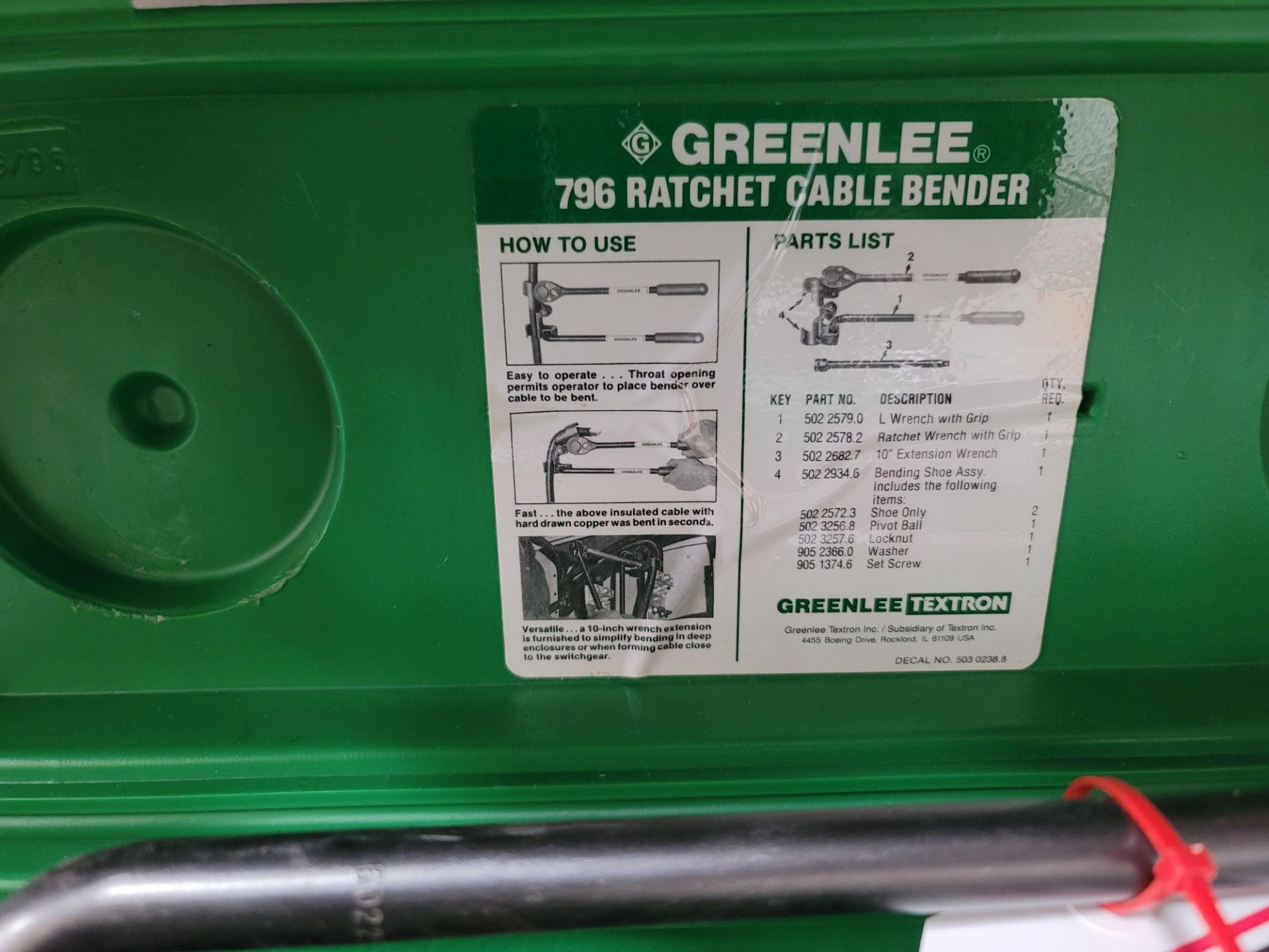 GREENLEE 796 RATCHET CABLE BENDER, W/ CASE - Image 2 of 2