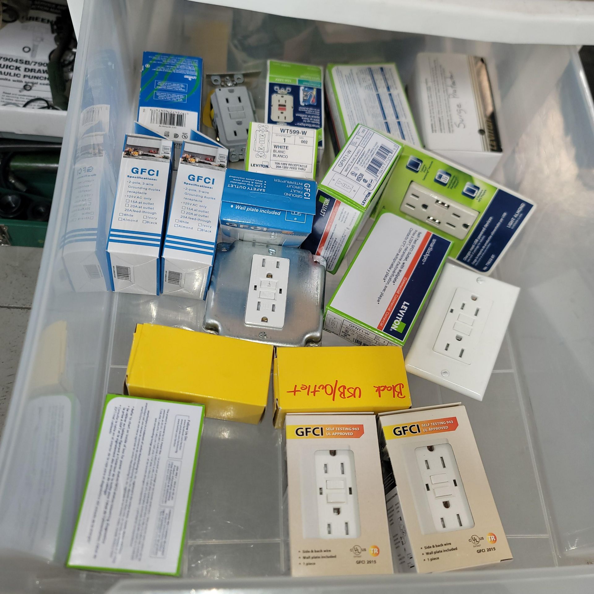 LOT - PORTABLE PLASTIC 4-DRAWER STORAGE CART, W/ CONTENTS OF GCFI RECEPTACLES - Image 2 of 6
