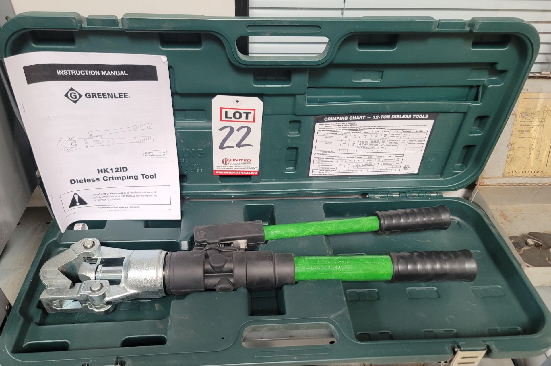 GREENLEE DIELESS CRIMPING TOOL, MODEL HK12ID, W/ CASE AND INSTRUCTION MANUAL