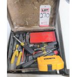 LOT - BOX OF HAND TOOLS: NUT DRIVERS, WIRE STRIPPERS, DRILL BITS, ETC.