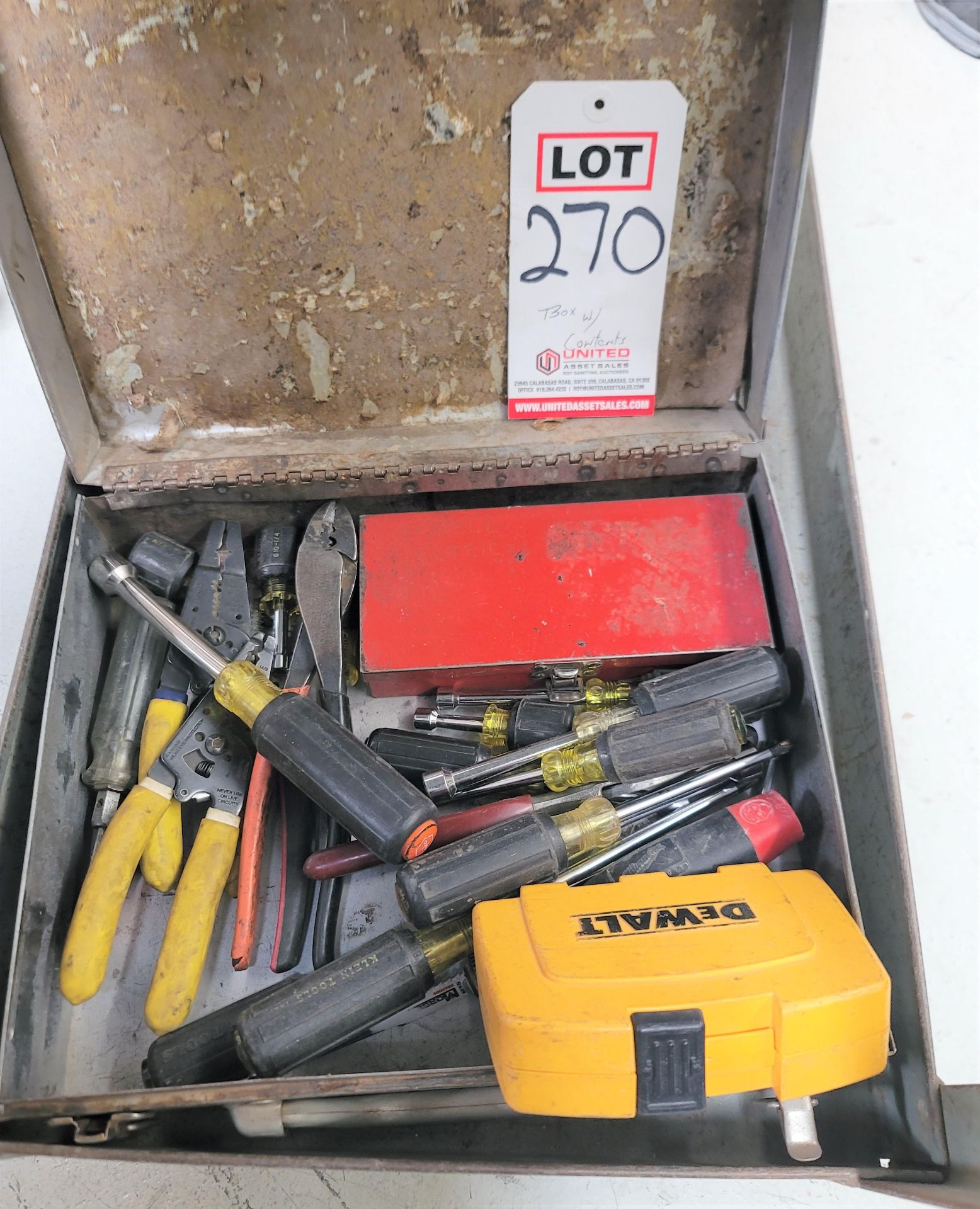 LOT - BOX OF HAND TOOLS: NUT DRIVERS, WIRE STRIPPERS, DRILL BITS, ETC.