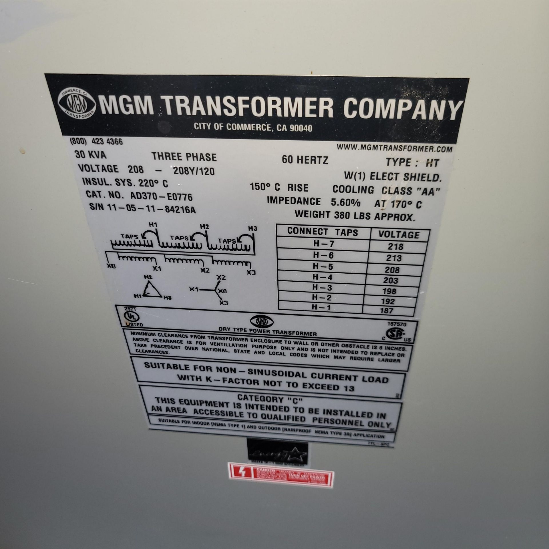 MGM DRY TYPE TRANSFORMER, CAT. NO. AD370-E0776, 30 KVA, 3-PHASE, VOLTAGE: 208-208Y/120 - Image 2 of 2