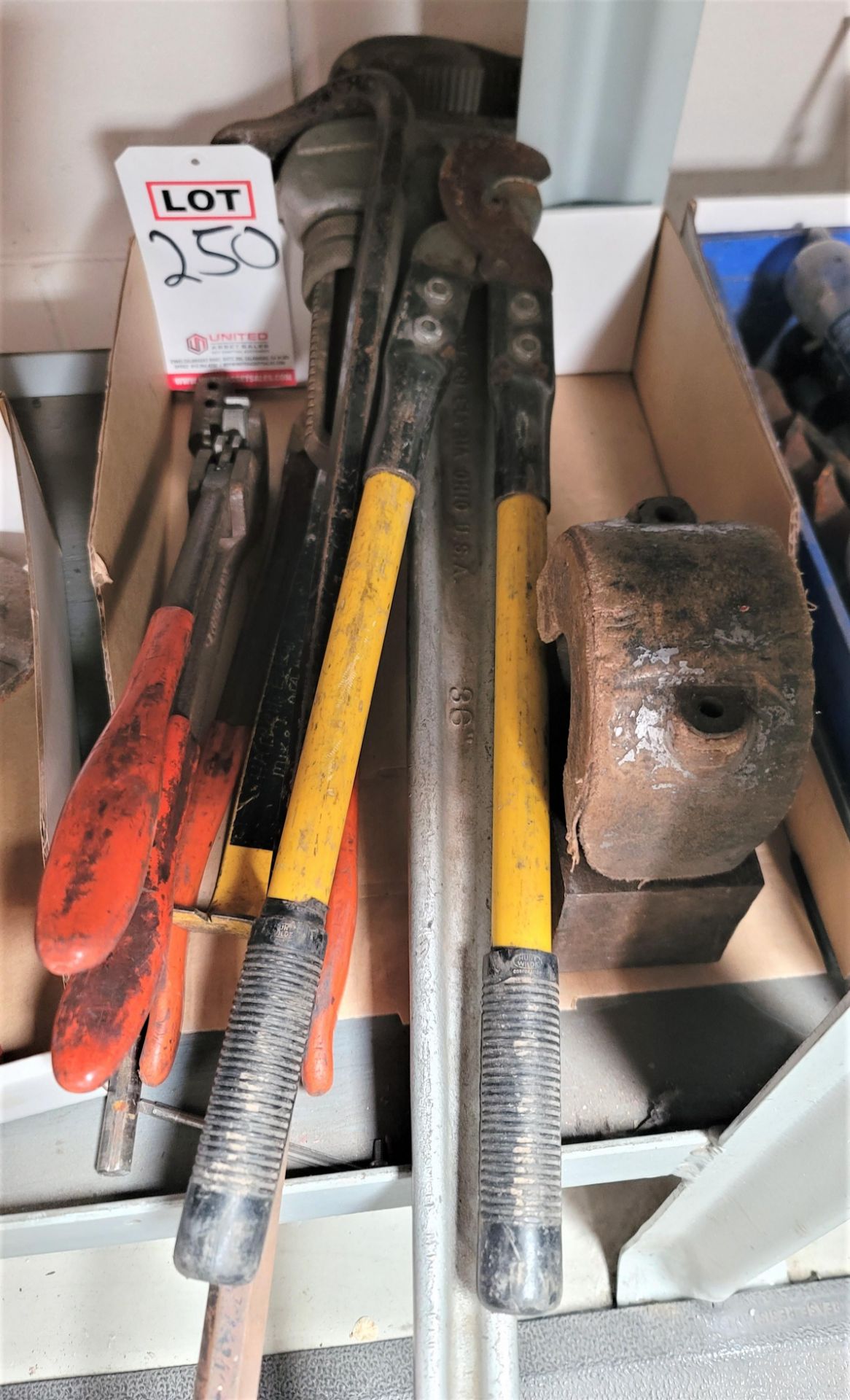 LOT - 36" PIPE WRENCH, WIRE LOPPERS, ETC.