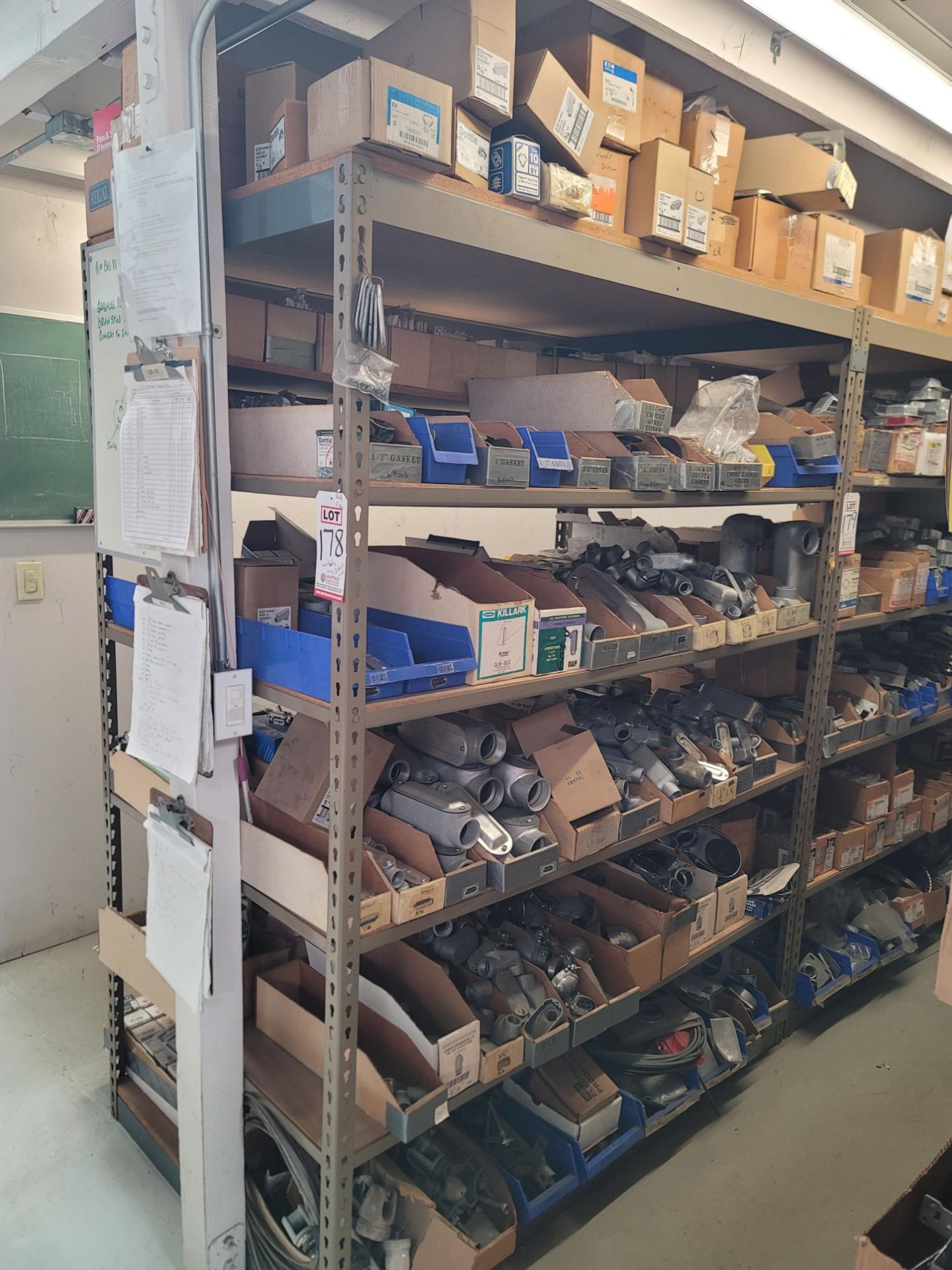 LOT - CONTENTS ONLY OF (1) 5' X 3' X 6' HT SHELF UNIT, TO INCLUDE: CONDUIT, COUPLINGS, SWITCHES,