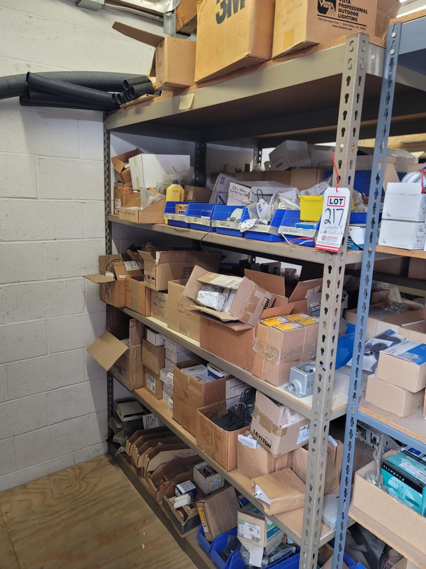 LOT - CONTENTS ONLY OF (2) 5' X 78" SHELF UNITS, TO INCLUDE: WIREMOLD EXTENSION BOXES, GANG BOX