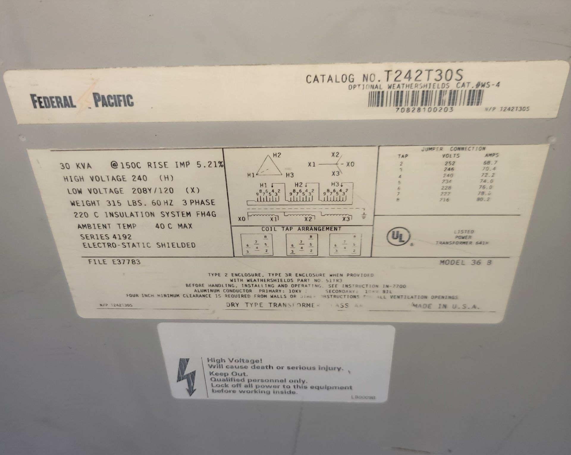 FEDERAL PACIFIC DRY TYPE TRANSFORMER, MODEL 36B, CAT. NO. T242T30S, 30 KVA, 3-PHASE, H.V.: 240, L. - Image 2 of 2