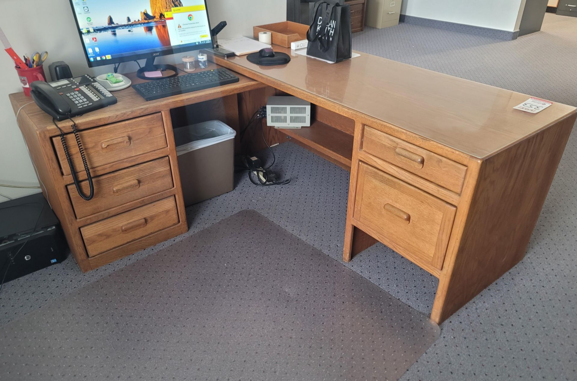 L-SHAPED OFFICE DESK, 66" X 62", CONTENTS NOT INCLUDED