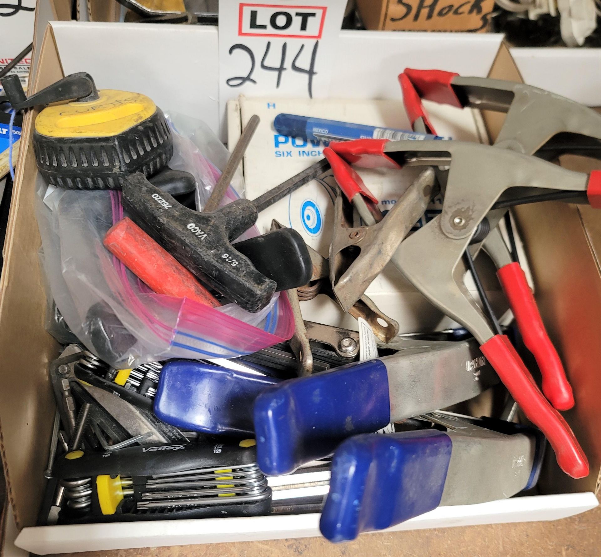 LOT - ALLEN & TORX WRENCHES, SPRING CLAMPS, 6" V-GROOVE STEEL WHEEL, ETC.