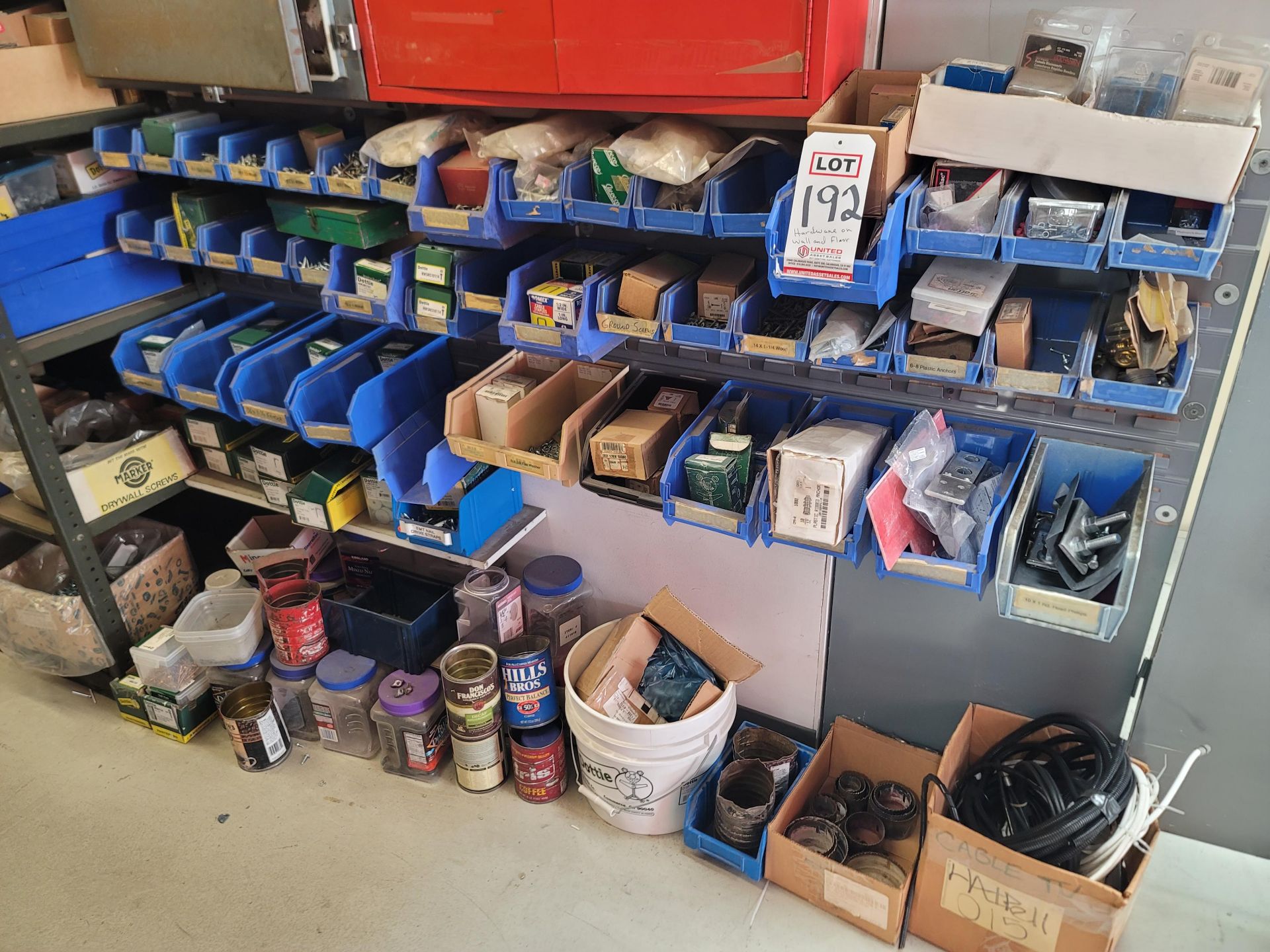 LOT - ASSORTED FASTENERS AND HARDWARE IN PLASTIC BINS AND ON FLOOR