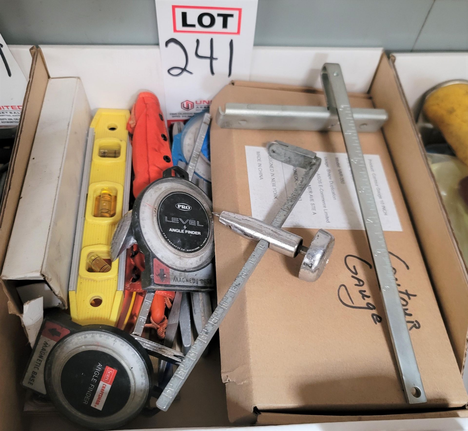 LOT - CONTOUR GAUGE, ANGLE FINDERS, BULLET LEVEL, ETC.