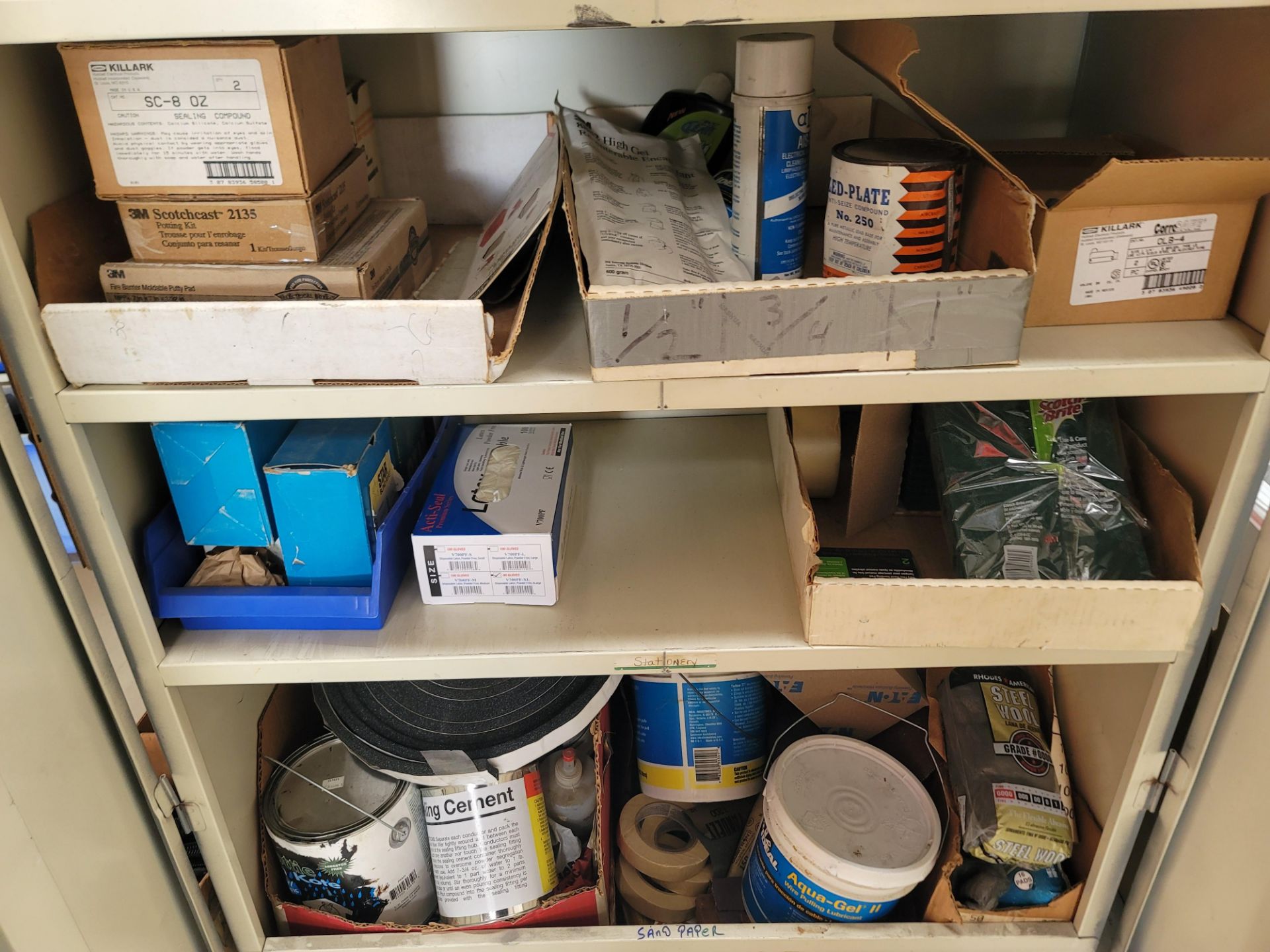 LOT - CONTENTS ONLY OF 2-DOOR STORAGE CABINET, TO INCLUDE: PIG TAILS, VARIOUS TAPES AND MISC. SHOP - Image 3 of 3