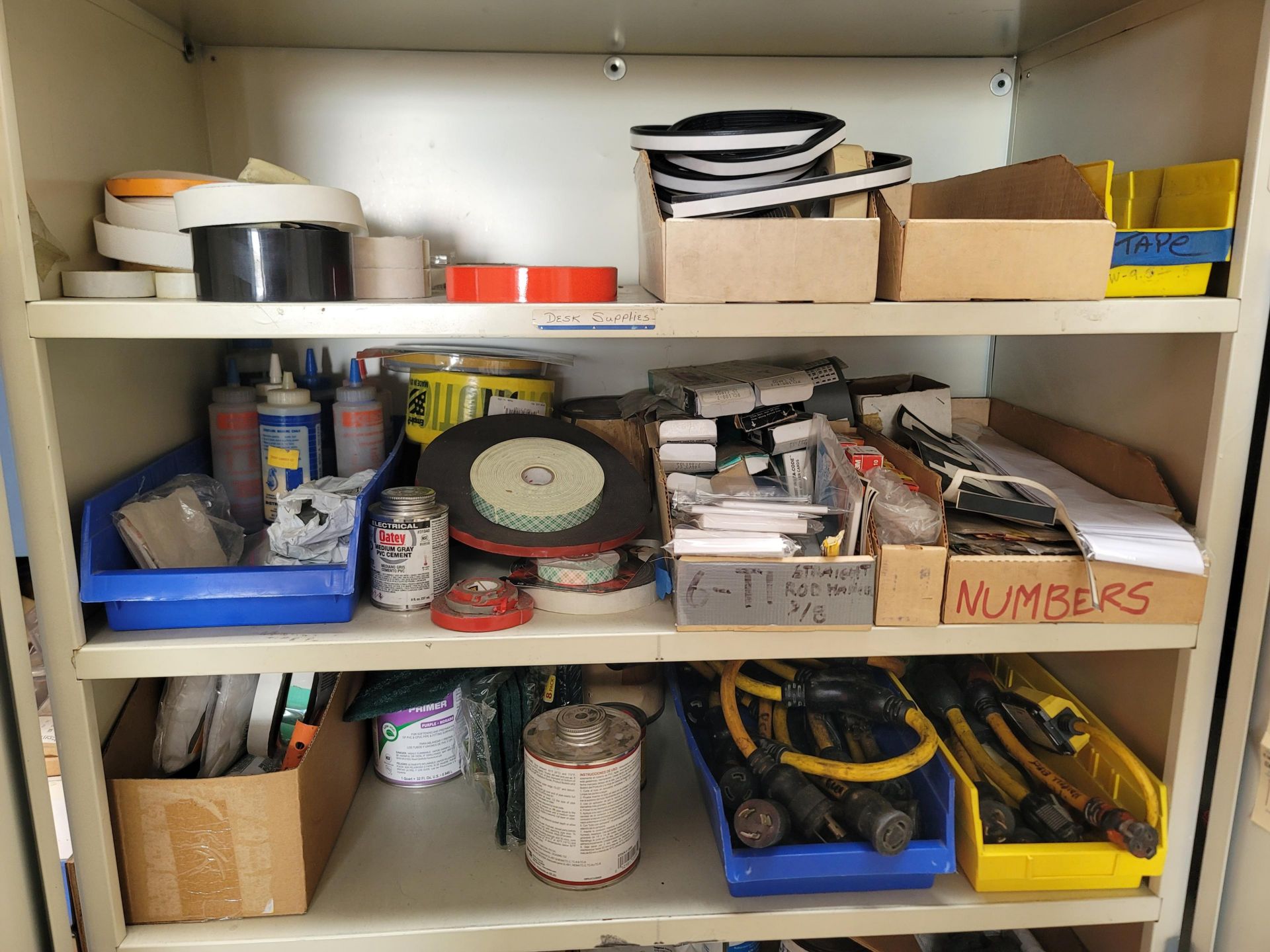 LOT - CONTENTS ONLY OF 2-DOOR STORAGE CABINET, TO INCLUDE: PIG TAILS, VARIOUS TAPES AND MISC. SHOP - Image 2 of 3