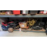 LOT - CONTENTS ONLY OF BOTTOM SHELF: AIR HOSE, ELECTRIC CABLE AND EXTENSION CORDS