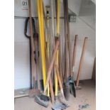 LOT - ALL HAND TOOLS UNDER STAIRWELL, TO INCLUDE: (2) SLEDGEHAMMERS, PICKAXES, AX, POST HOLE DIGGERS