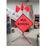LOT - STEEL COMPACT SPRINGLESS SIGN STAND (FOR ROLL-UP SIGNS), W/ 4' X 4' MEN WORKING SIGN AND (3)