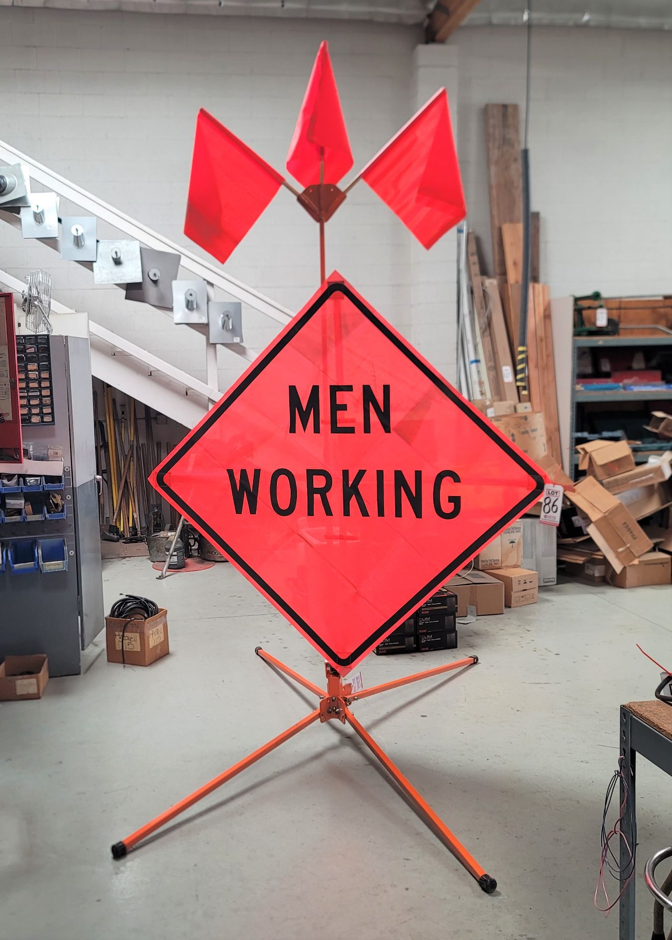 LOT - STEEL COMPACT SPRINGLESS SIGN STAND (FOR ROLL-UP SIGNS), W/ 4' X 4' MEN WORKING SIGN AND (3)