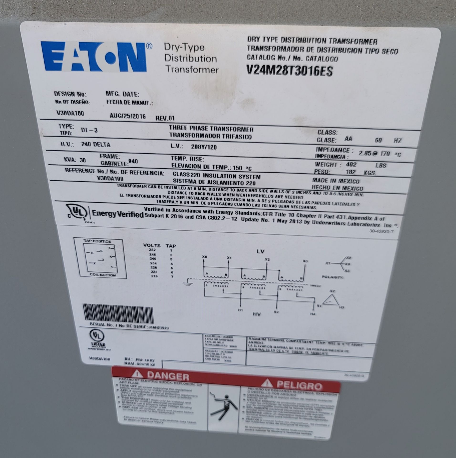 EATON DRY TYPE DISTRIBUTION TRANSFORMER, CAT. NO. V24M28T3016ES, 30 KVA, 3-PHASE, H.V.: 240 DELTA, - Image 2 of 2