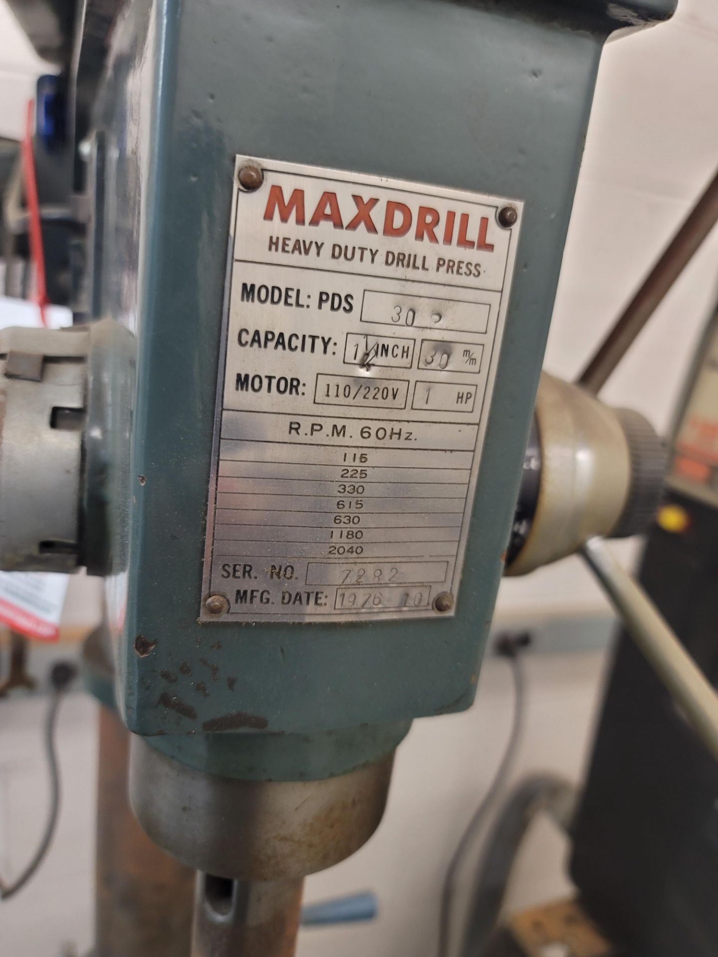 MAXDRILL 20" FLOOR DRILL PRESS, MODEL PDS-30, JACOBS 3/4" SUPER CHUCK, 1 HP, 110V, SINGLE PHASE, S/N - Image 2 of 2