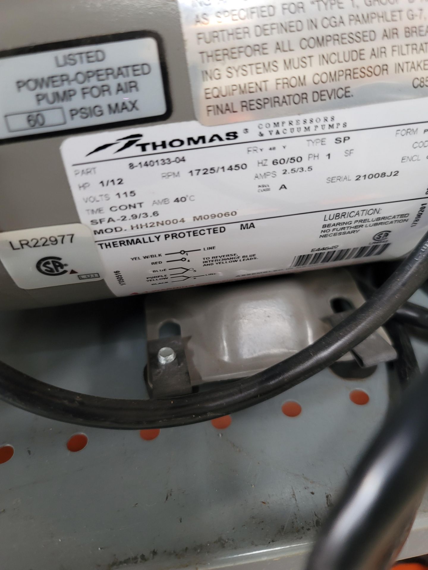 THOMAS LGH-106 COMPRESSOR PUMP, 1/12 HP, 115V, 1725 RPM, 1/4" PORT, NEW - Image 2 of 2