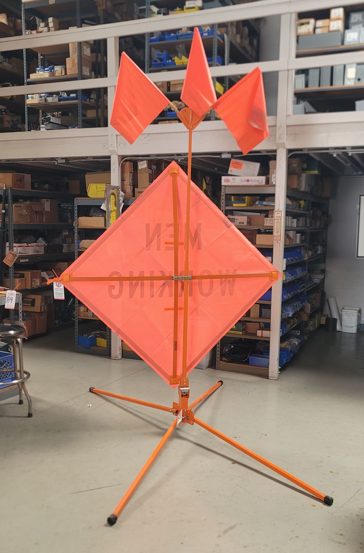 LOT - STEEL COMPACT SPRINGLESS SIGN STAND (FOR ROLL-UP SIGNS), W/ 4' X 4' MEN WORKING SIGN AND (3) - Image 2 of 2