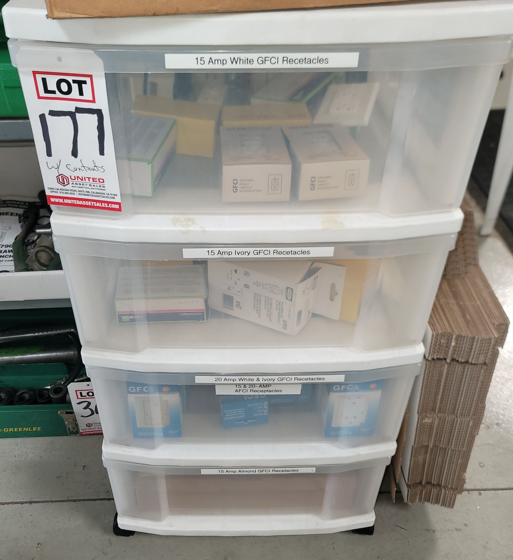 LOT - PORTABLE PLASTIC 4-DRAWER STORAGE CART, W/ CONTENTS OF GCFI RECEPTACLES