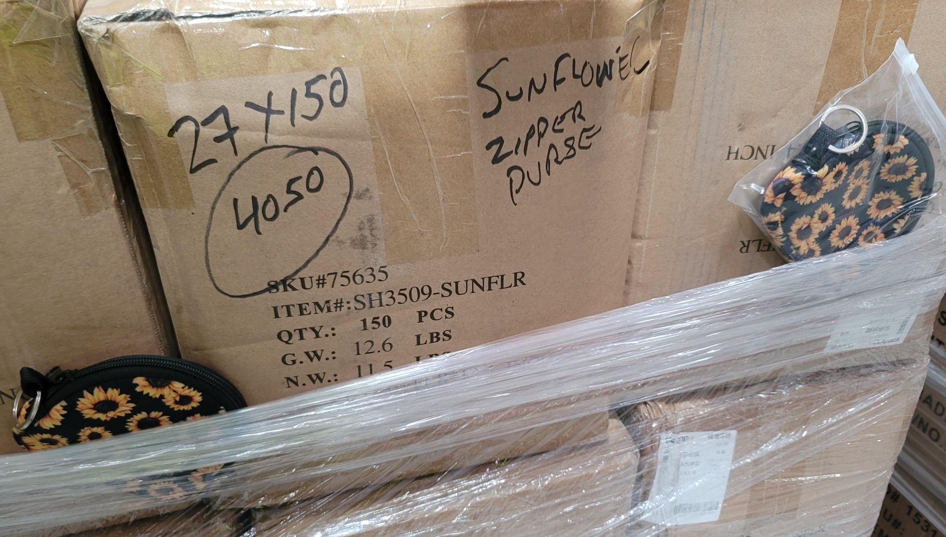 LOT - PALLET OF (4,050) SUNFLOWER ZIPPER PURSE, (27 CASES/150 PER CASE)