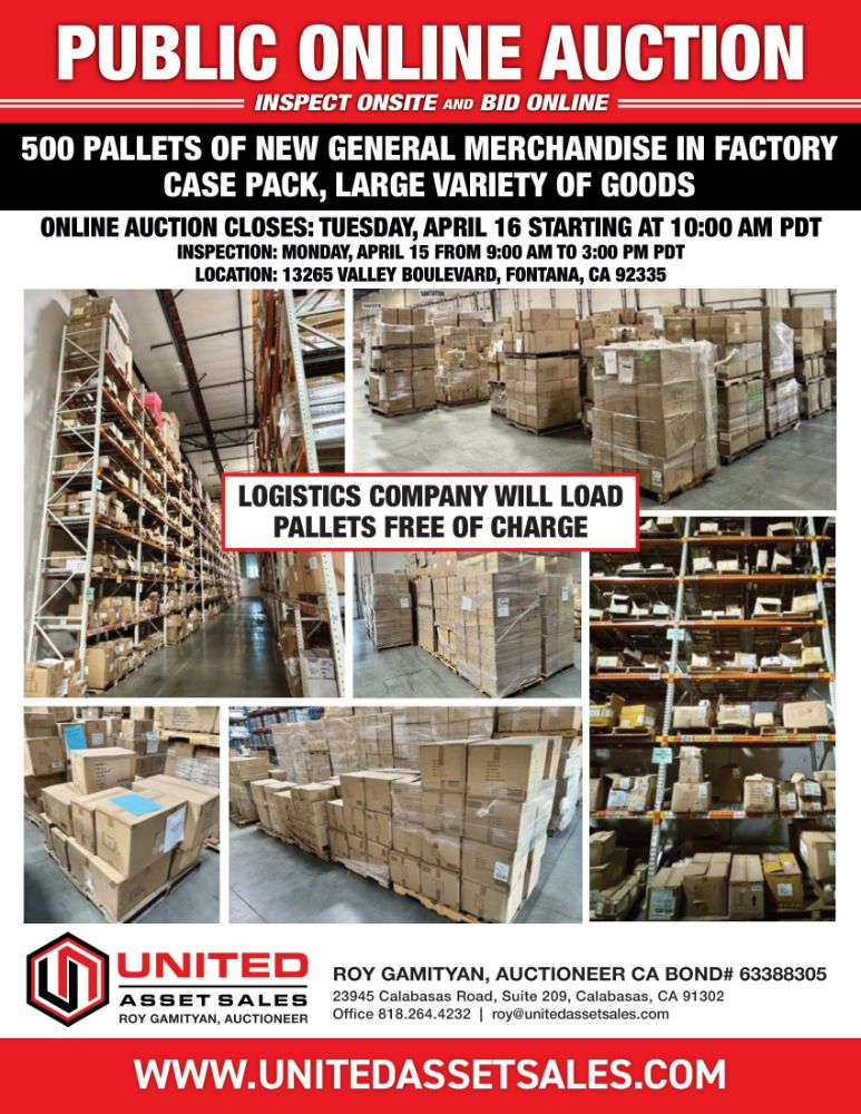 500 PALLETS OF NEW GENERAL MERCHANDISE IN FACTORY CASE PACK, LARGE VARIETY OF GOODS, FREE LOADING OF ALL PALLETS