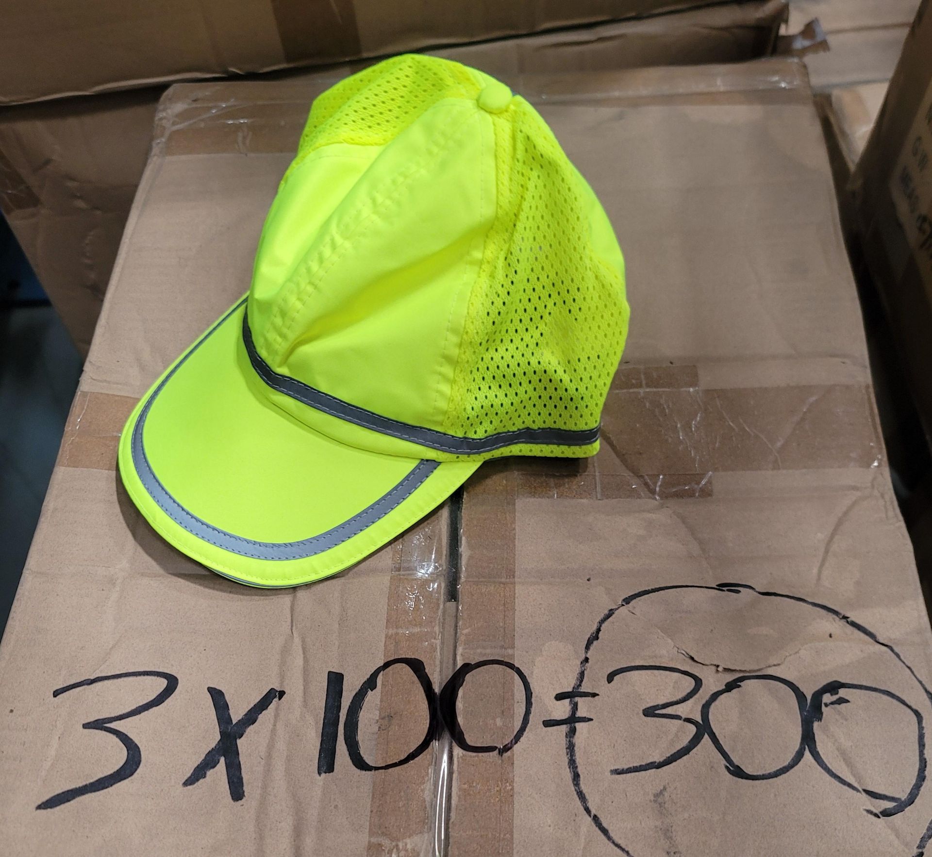 LOT - MIXED PALLET OF (300) REFLECTIVE SAFETY BALL CAPS, (3 CASES/100 PER CASE); (300) BAGS OF