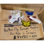 LOT - MIXED PALLET OF (600) 3-PC BUTTERFLY SCREEN REPAIR (COVERS HOLES IN SCREENS), (4 CASES/150
